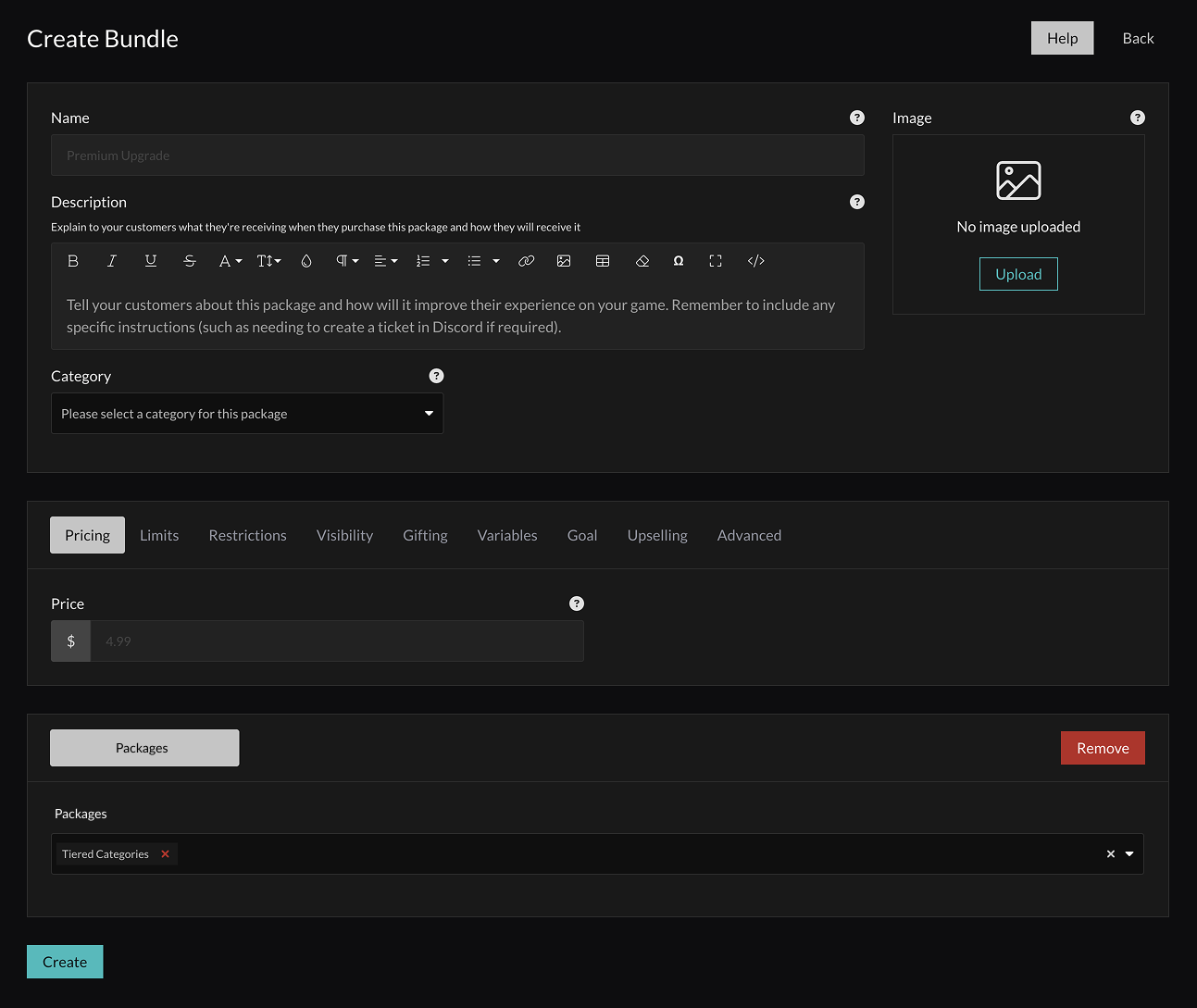 Package Bundle Creation in Tebex Control Panel