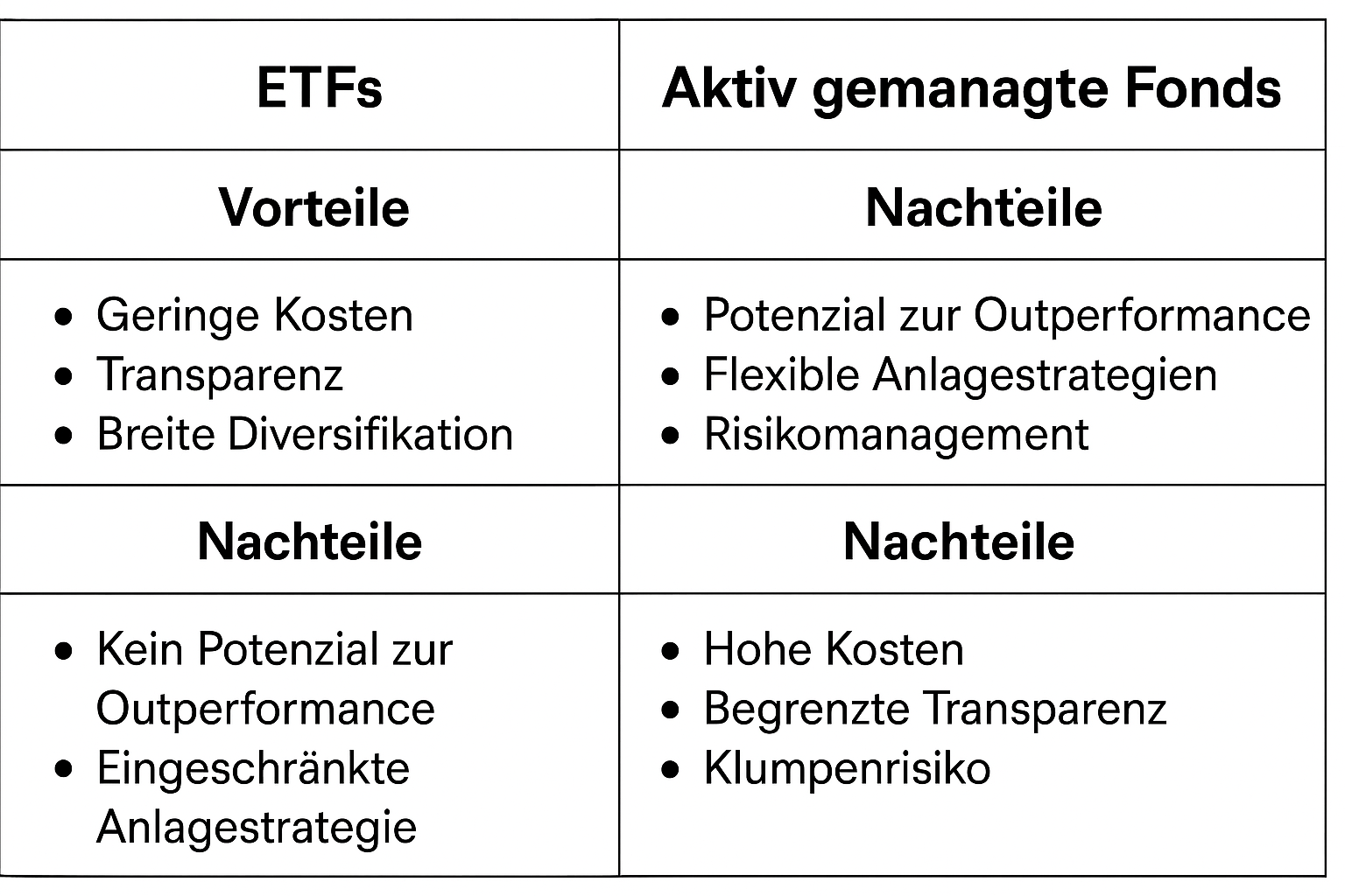 Vergleichstabelle zwischen ETFs und aktiv gemanagten Fonds, mit Vor- und Nachteilen