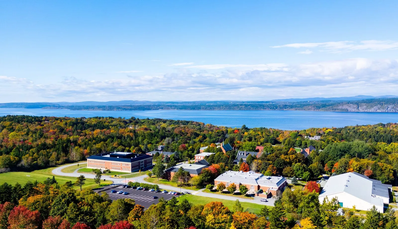 Aerial view of the RNS campus in fall colour above the Kennebecasis River