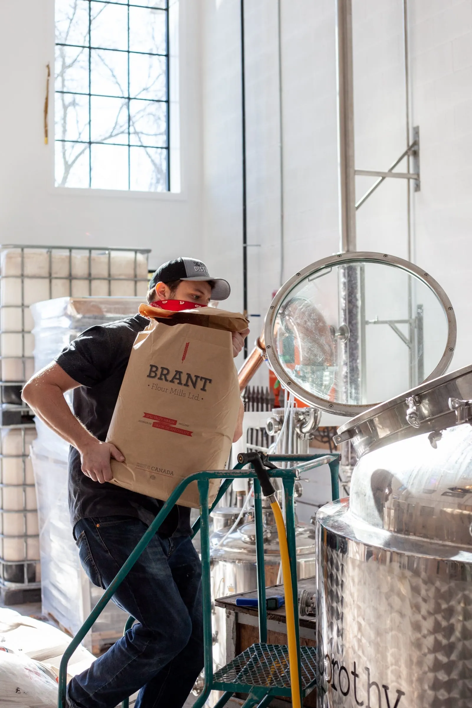 A distiller on a step ladder carries a sack of Brant grain above a stainless steel still