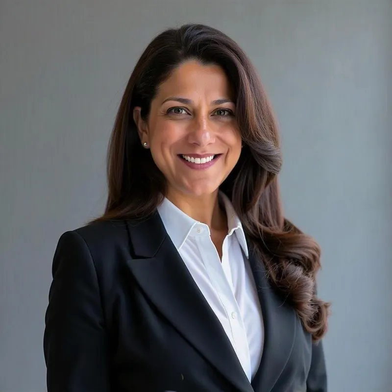 Nadia Michaud, in a dark blazer and white shirt, smiling