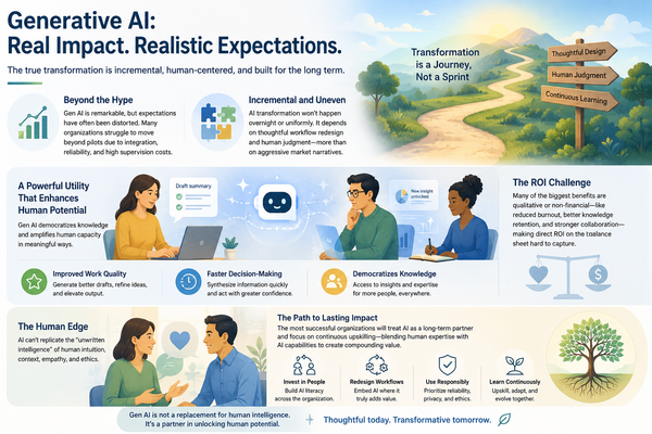 Illustration showing a balance of hype versus reality for AI