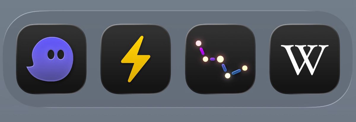 An iPhone dock displaying the icons of the apps Zeitgeist, Reeder, Sky Guide, and Wikipedia