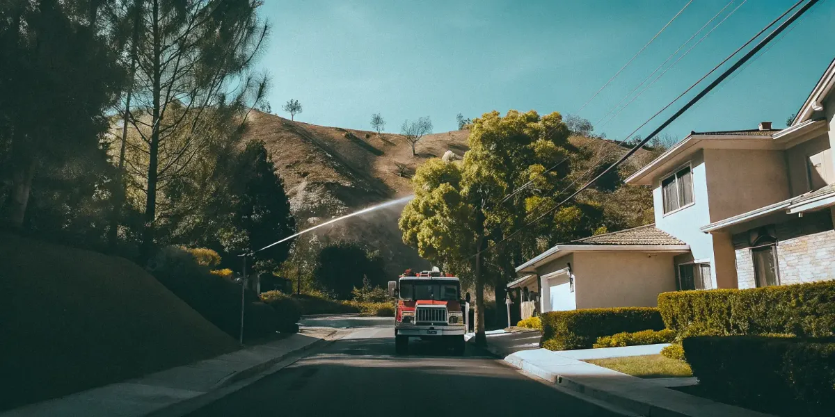 A fire truck conducts a wildfire safety inspection on a hillside for a property risk report.