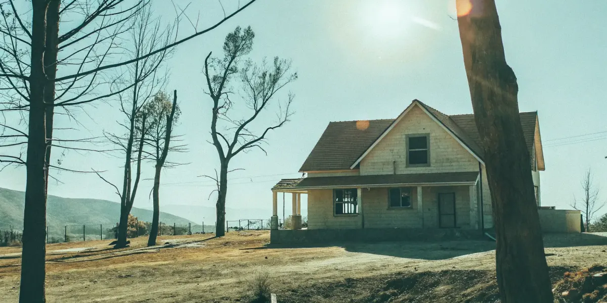 A home surrounded by scorched land, a clear example of wildfire risk and the need for insurance.