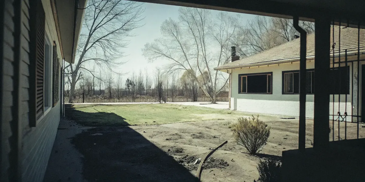 A yard with cleared vegetation meeting the requirements for defensible space to protect a home from wildfire.