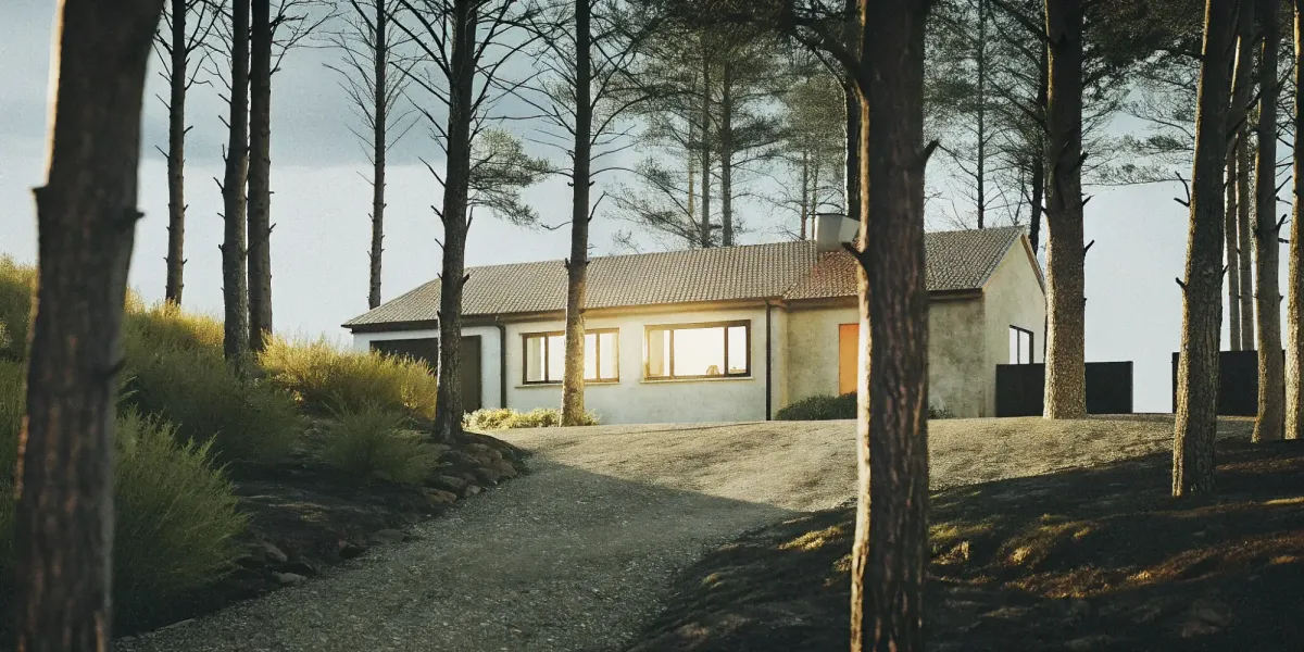 A home using wildfire mitigation techniques like a cleared defensible space.
