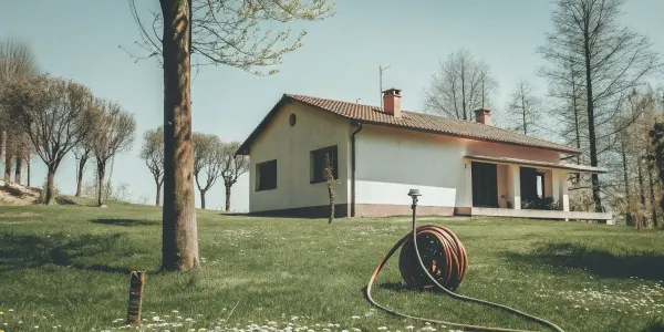A house in a high-risk fire zone, a key factor in the cost of homeowners insurance.