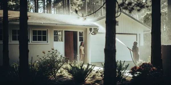 A person performs home maintenance by watering plants to reduce the home's fire risk.