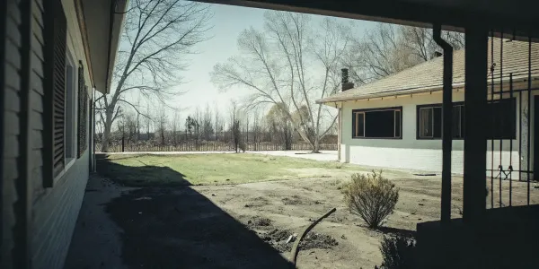 A yard with cleared vegetation meeting the requirements for defensible space to protect a home from wildfire.