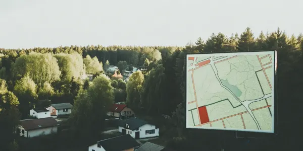 A risk map identifying wildfire danger for homes in a forested neighborhood.