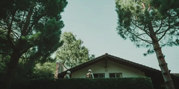 A professional performs a wildfire home assessment on a house surrounded by trees.