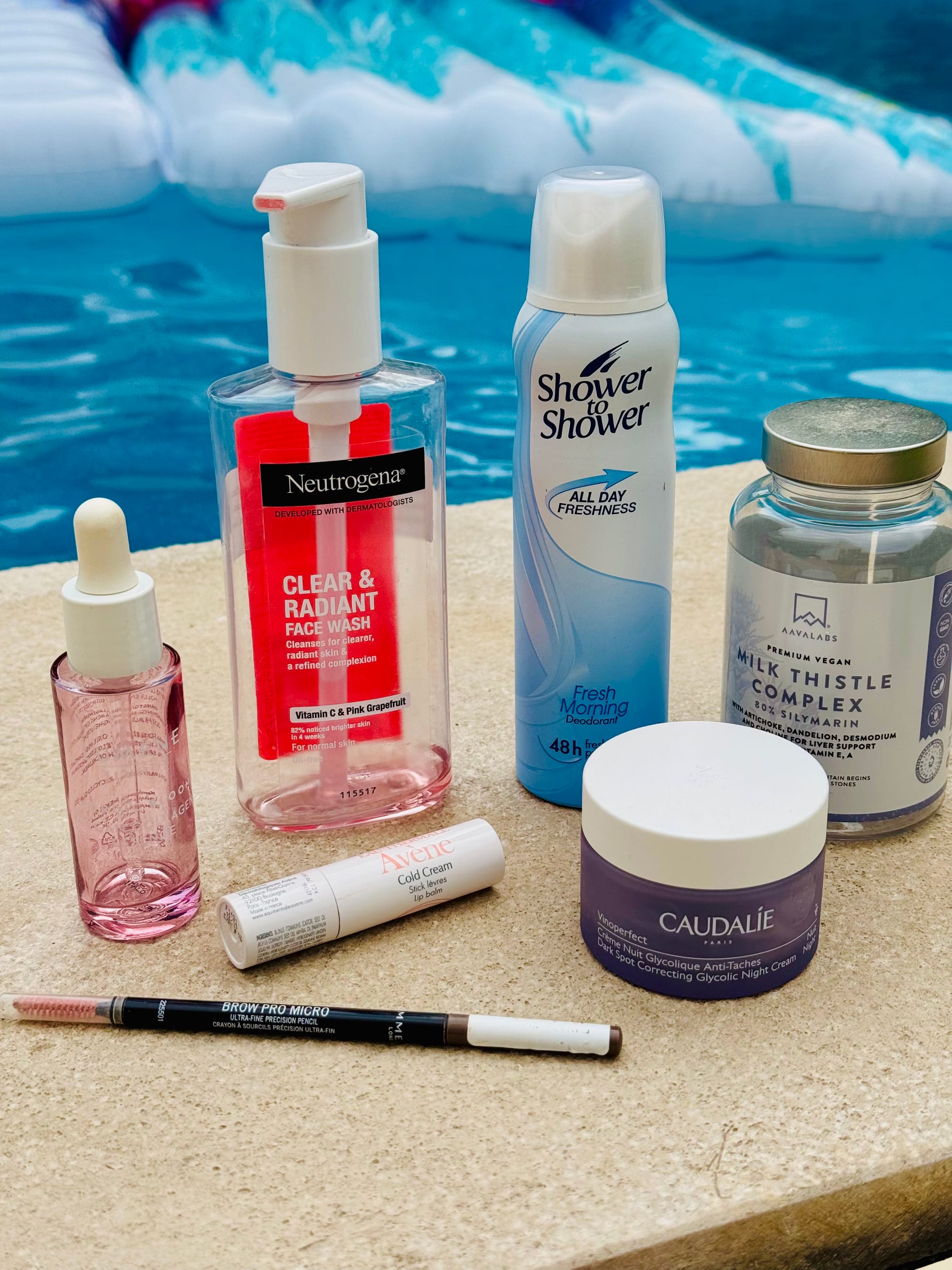 Neutrogena Face Wash | Aavalabs Milk Thistle | Lumene Vegan Serum | Avene Lip Balm | Rimmel Micro Brow Pencil | Caudalie Vinoperfect 