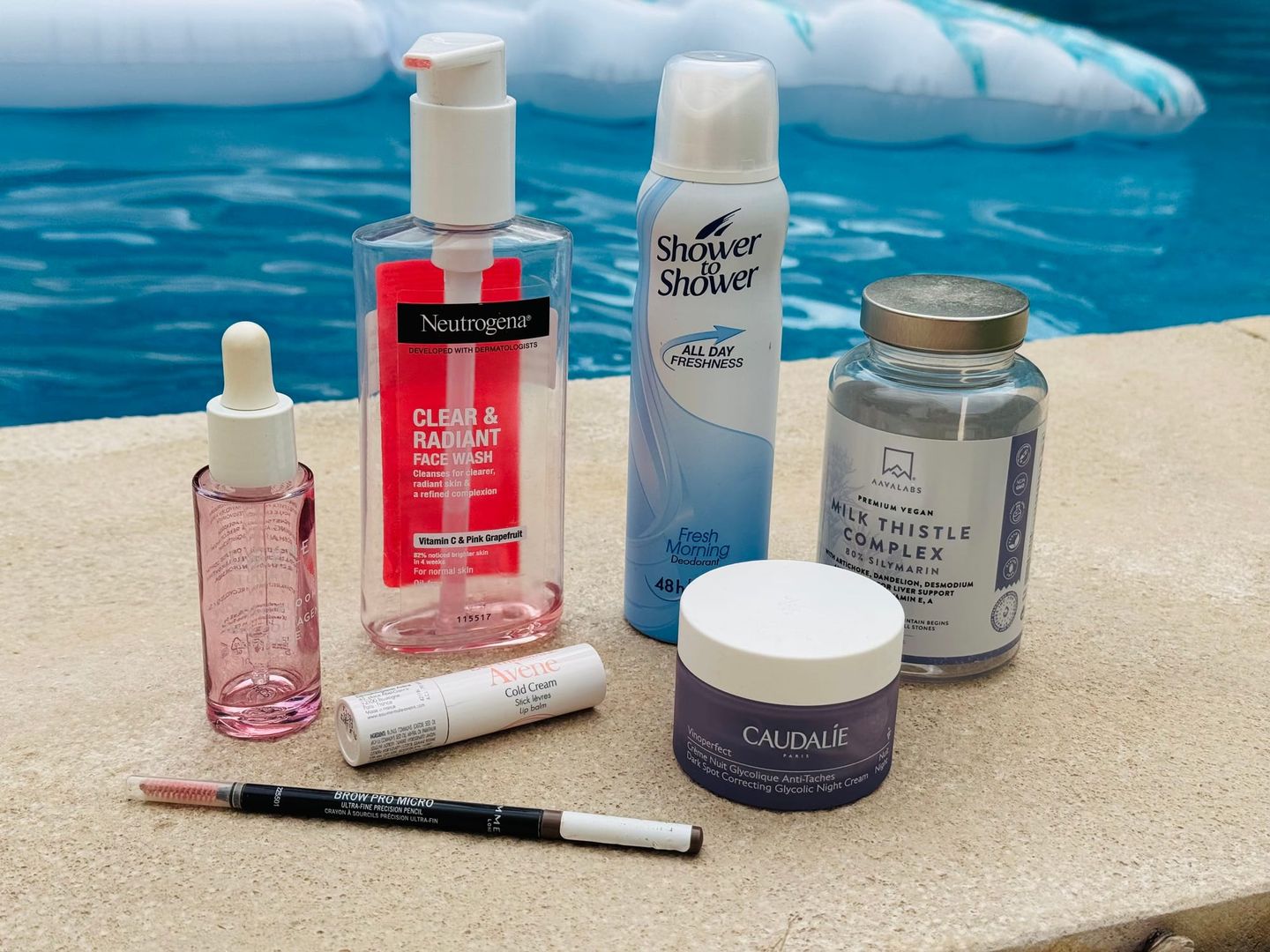 Neutrogena Face Wash | Aavalabs Milk Thistle | Lumene Vegan Serum | Avene Lip Balm | Rimmel Micro Brow Pencil | Caudalie Vinoperfect 