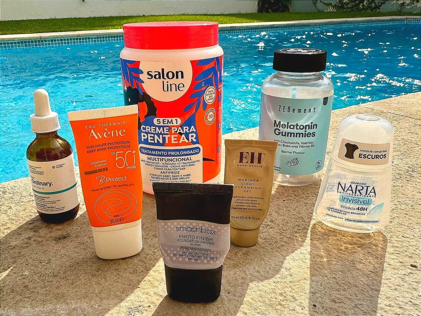 The Ordinary, Avène Sunscreen, Salon Line hair product, smashbox primer, emma hardie cleansing gel, ZENement Melatonin Gummies and Narta deodorant