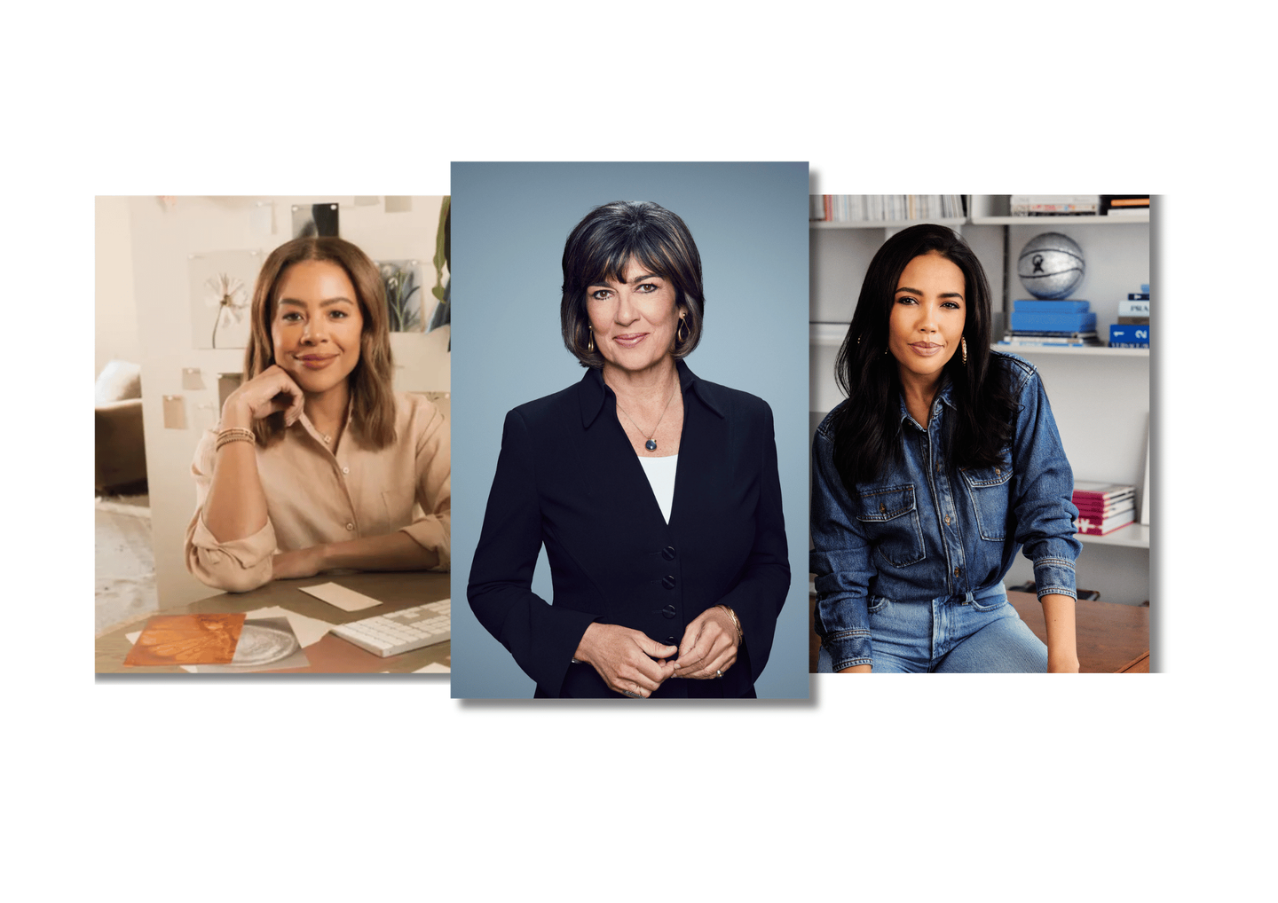 Portrait collage featuring Nancy Twine, Christiane Amanpour and Emma Grede, three of the women featured in this article