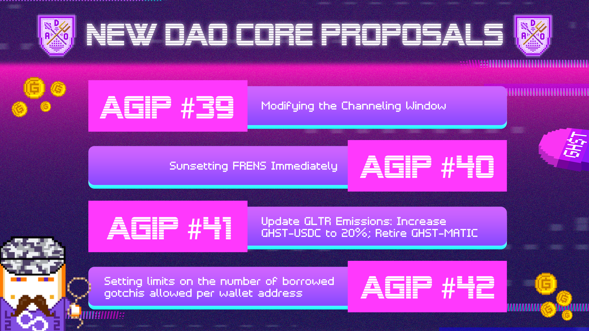 [VOTE] AGIP 39, 40, 41 & 42: Modifying the Channeling Window, Sunsetting FRENS Immediately, Updating GLTR Emissions, & Setting Limits for the Amount of borrowed Gotchis