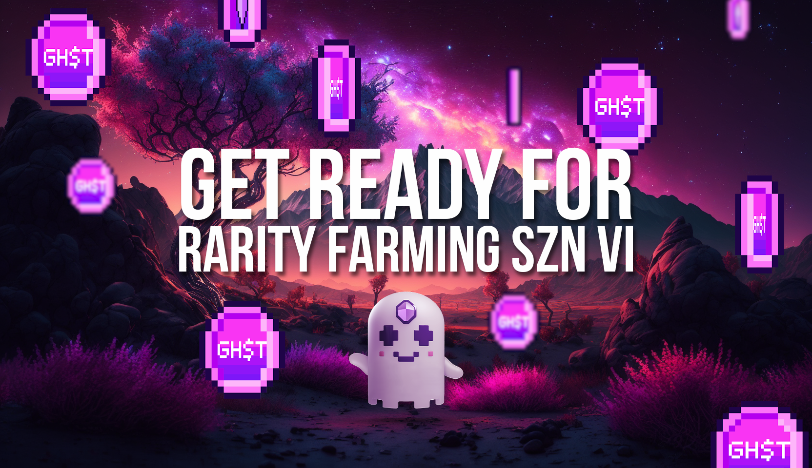 GHST tokens appearing around a 3D gotchi, Rarity Farming SZN 6 has arrived!
