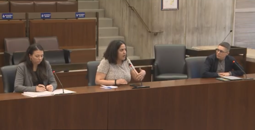 Fatema Ahmed addresses councilors as Heather Perez Arroyo and Kade Crockford look on during a hearing on funding for the Boston Regional Intelligence Center.