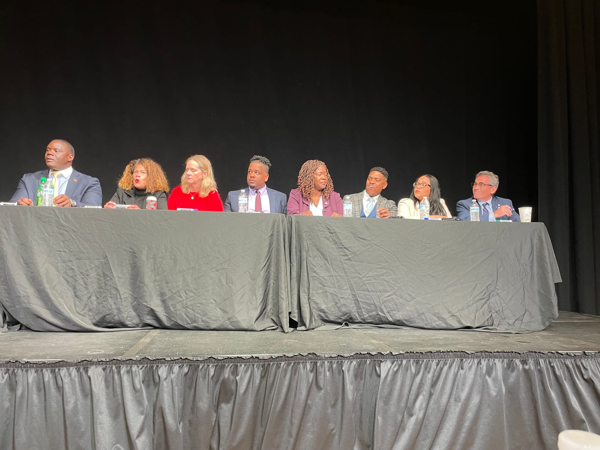 At-large candidates Will Onuoha, Julia Mejia, Erin Murphy, Henry Santana, Ruthzee Louijeune, Marvin Mathalier, Alexandra Valdez and Frank Baker at Hibernian Hall.