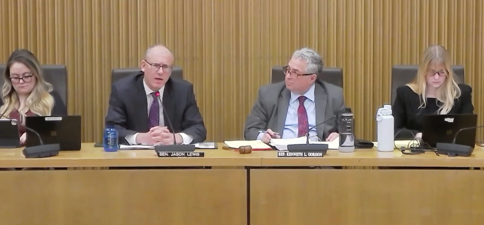 State Senator Jason Lewis speaks during a hearing in Gardner Auditorium at the State House.