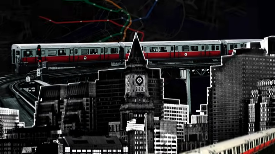 A still image from the documentary Removed: Black Erasure in Boston showing Orange Line trains against the Boston skyline.