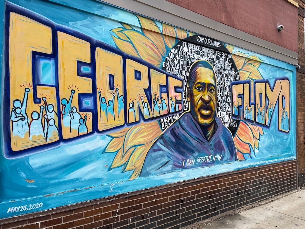 A mural depicting George Floyd painted at the corner near where George Floyd was killed by a Minneapolis police officer.