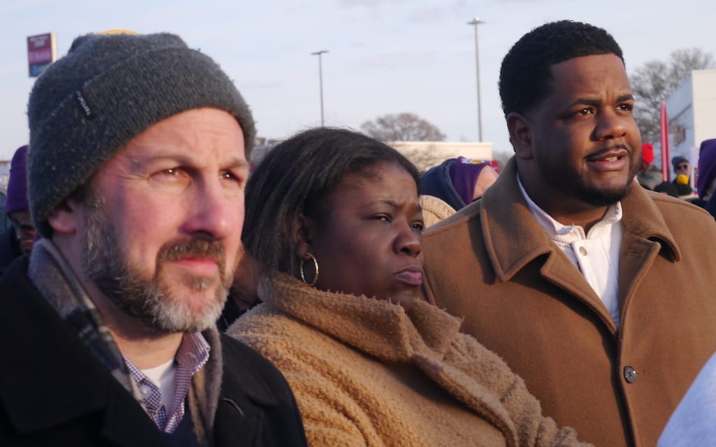 Councilors Ben Weber, Ruthzee Louijeune and Henry Santana attend an immigrant rights rally in January.