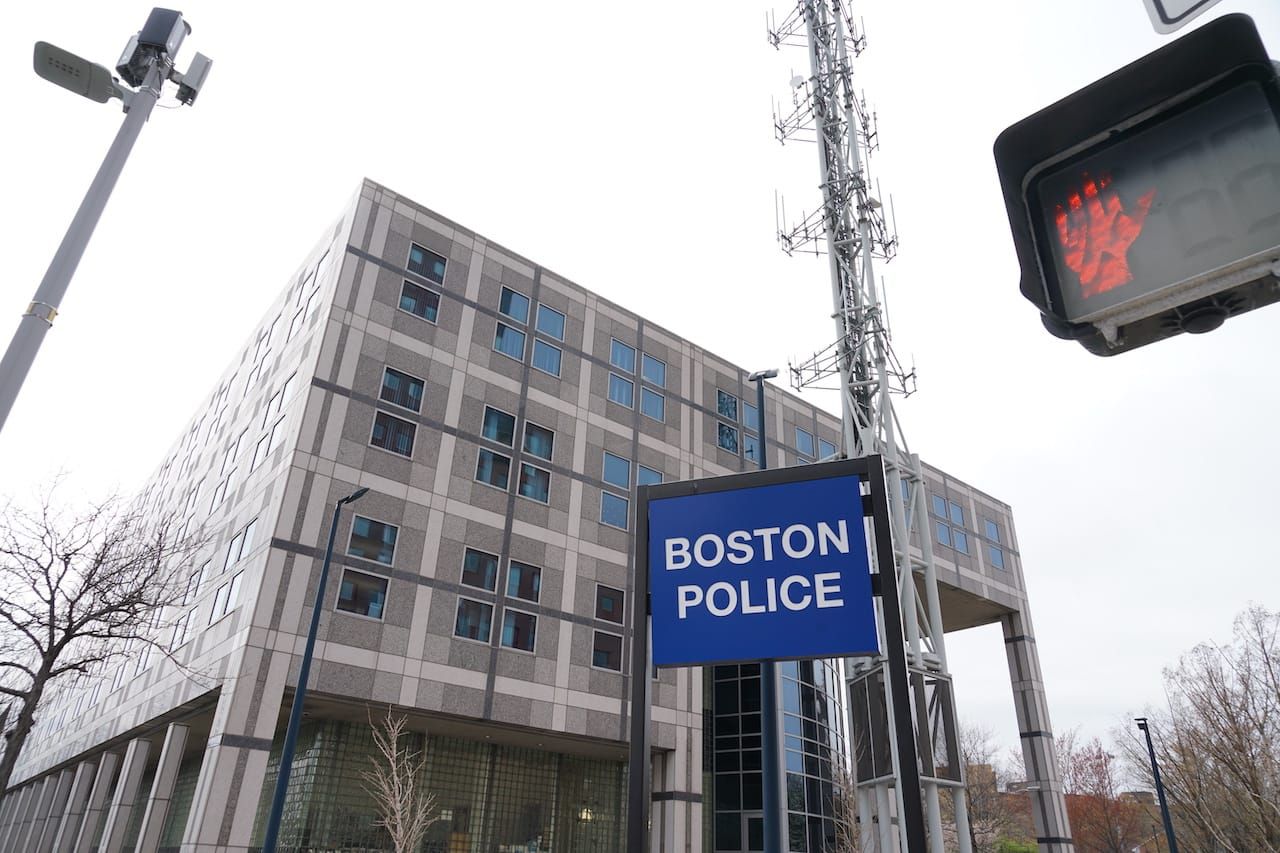 Boston Police Department headquarters on Columbus Avenue surrounded by communications equipment.