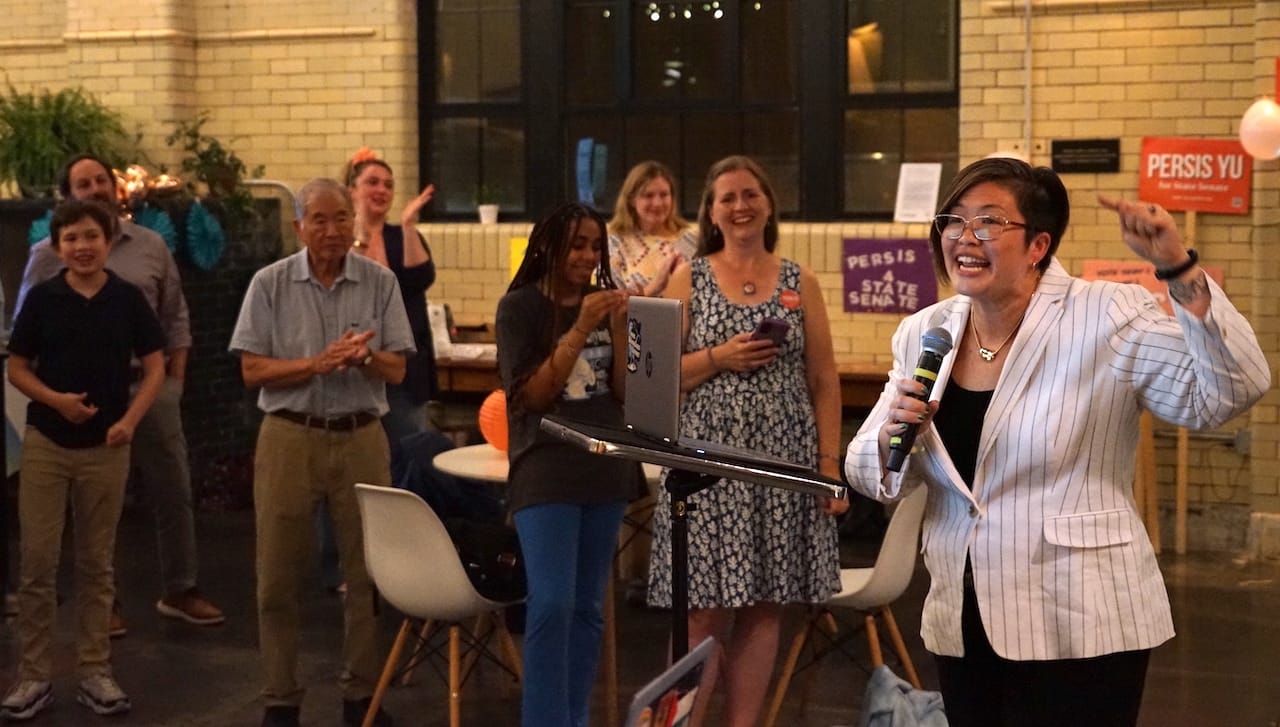 Attorney Persis Yu addresses suppoters at The Substation in Roslindale Square.