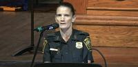 Brookline Police Chief Jennifer Paster addresses Town Meeting members.