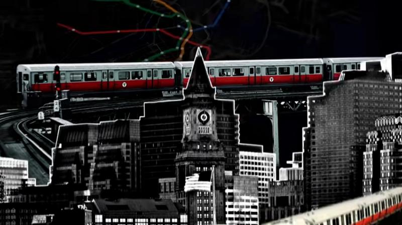 A still image from the documentary Removed: Black Erasure in Boston showing Orange Line trains against the Boston skyline.