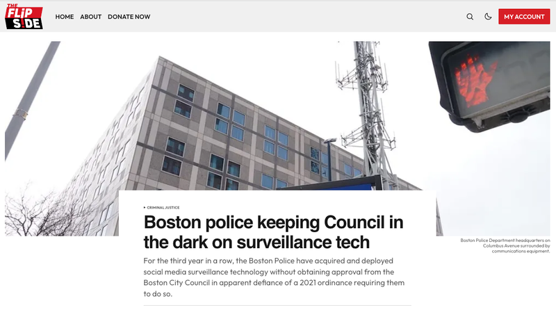 Screenshot of "Boston police keeping Council in the dark on surveillance tech" article on Flipside website
