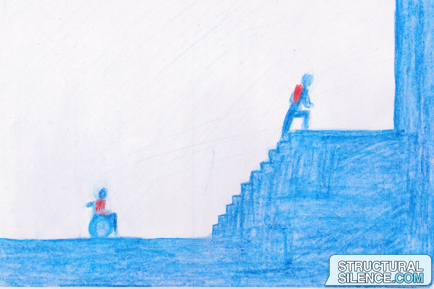 The character on foot walks to the top of the steps at the front of the building. The character in the wheelchair is left behind, before the first step.