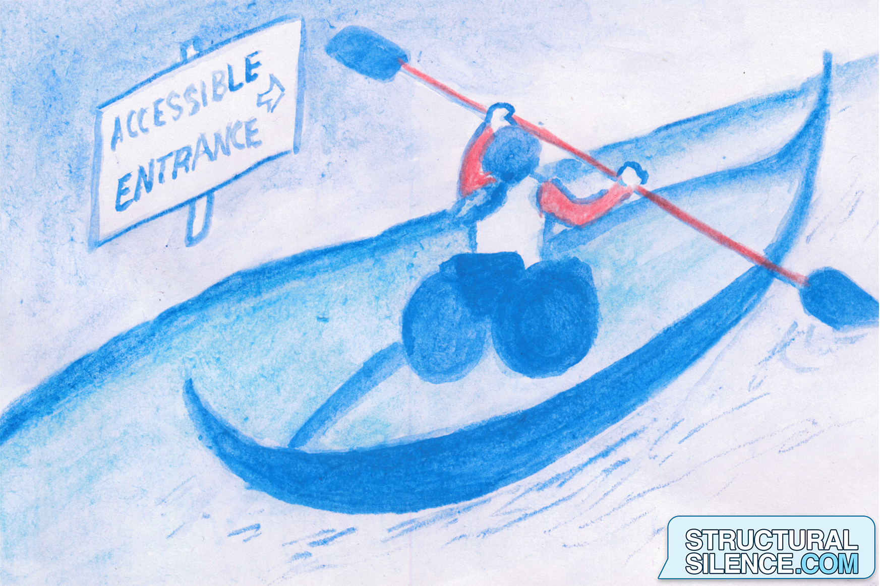 The wheelchaired character paddles through water on her wheelchair, on top of a paddleboard, with another "accessible entrance" sign pointing to the right of the view.