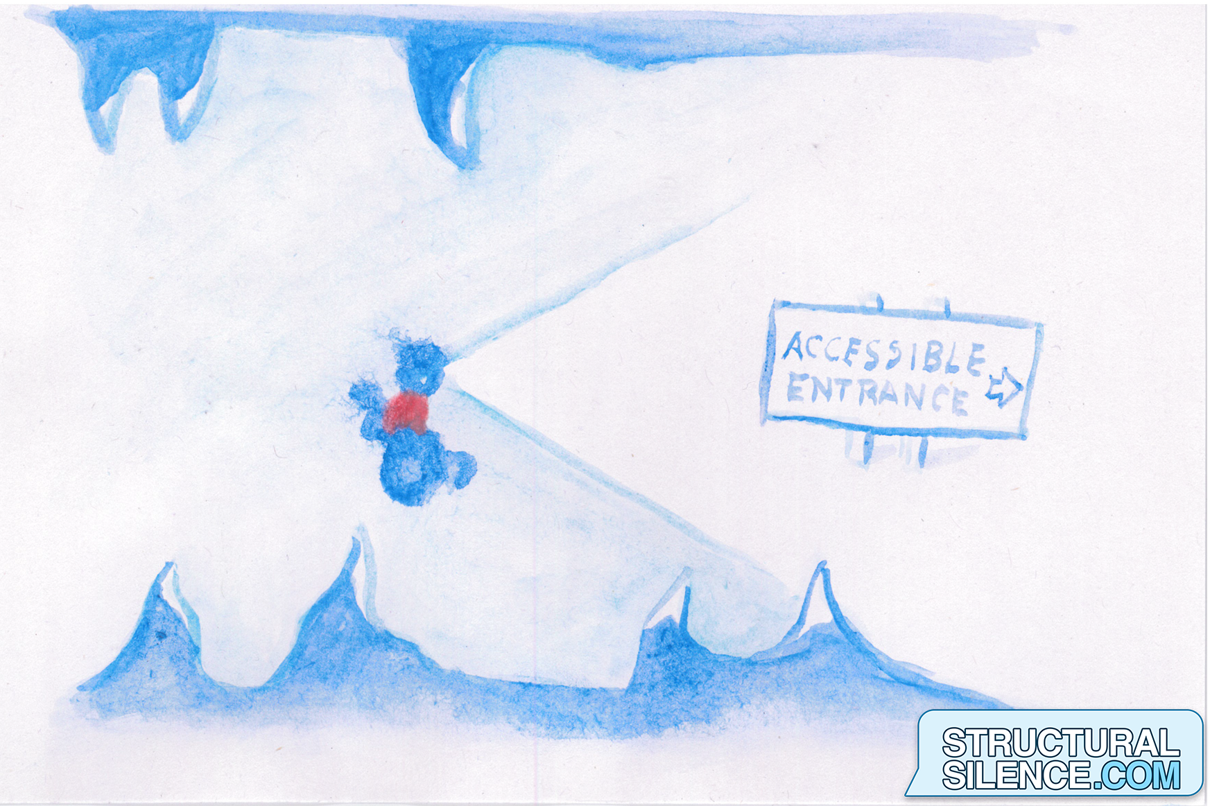 The wheelchaired character goes through a cave, where she runs into another "accessible entrance" sign, pointing to the right of the view.