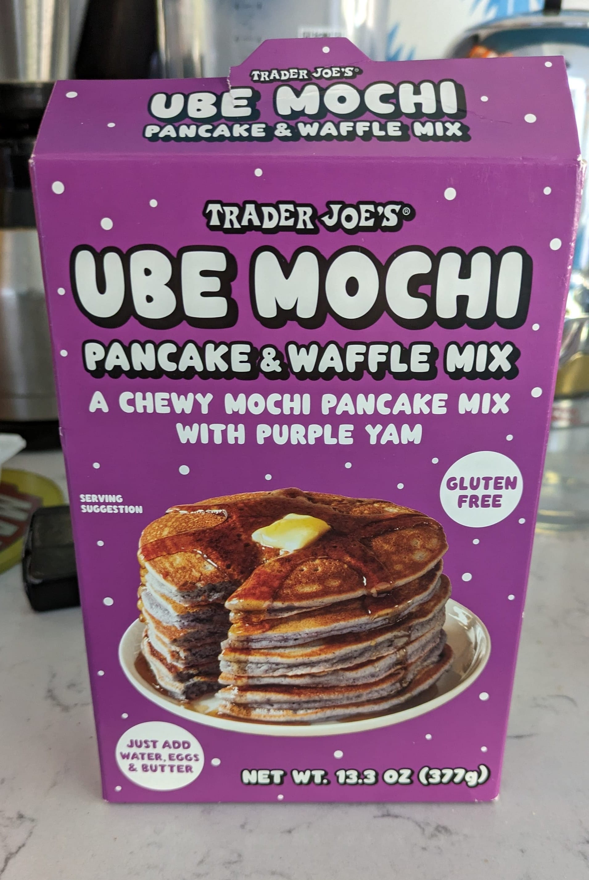 A box of Trader Joe's Ube Mochi pancake and waffle mix