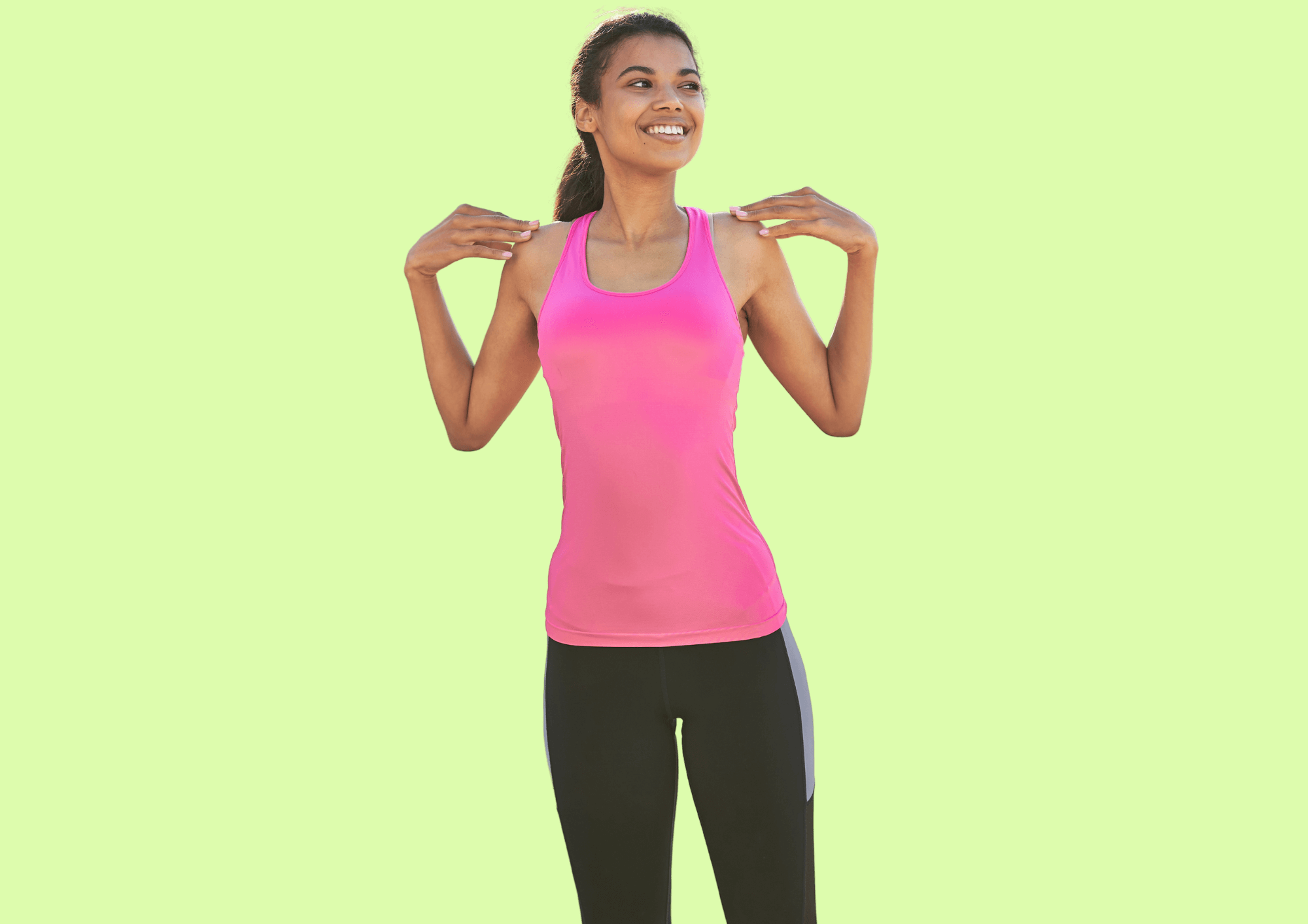 Young woman is moving her shoulders to alleviate pain. 
