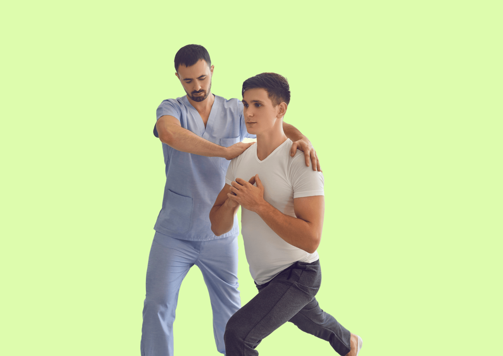 Physiotherapists helps young man with exercise.