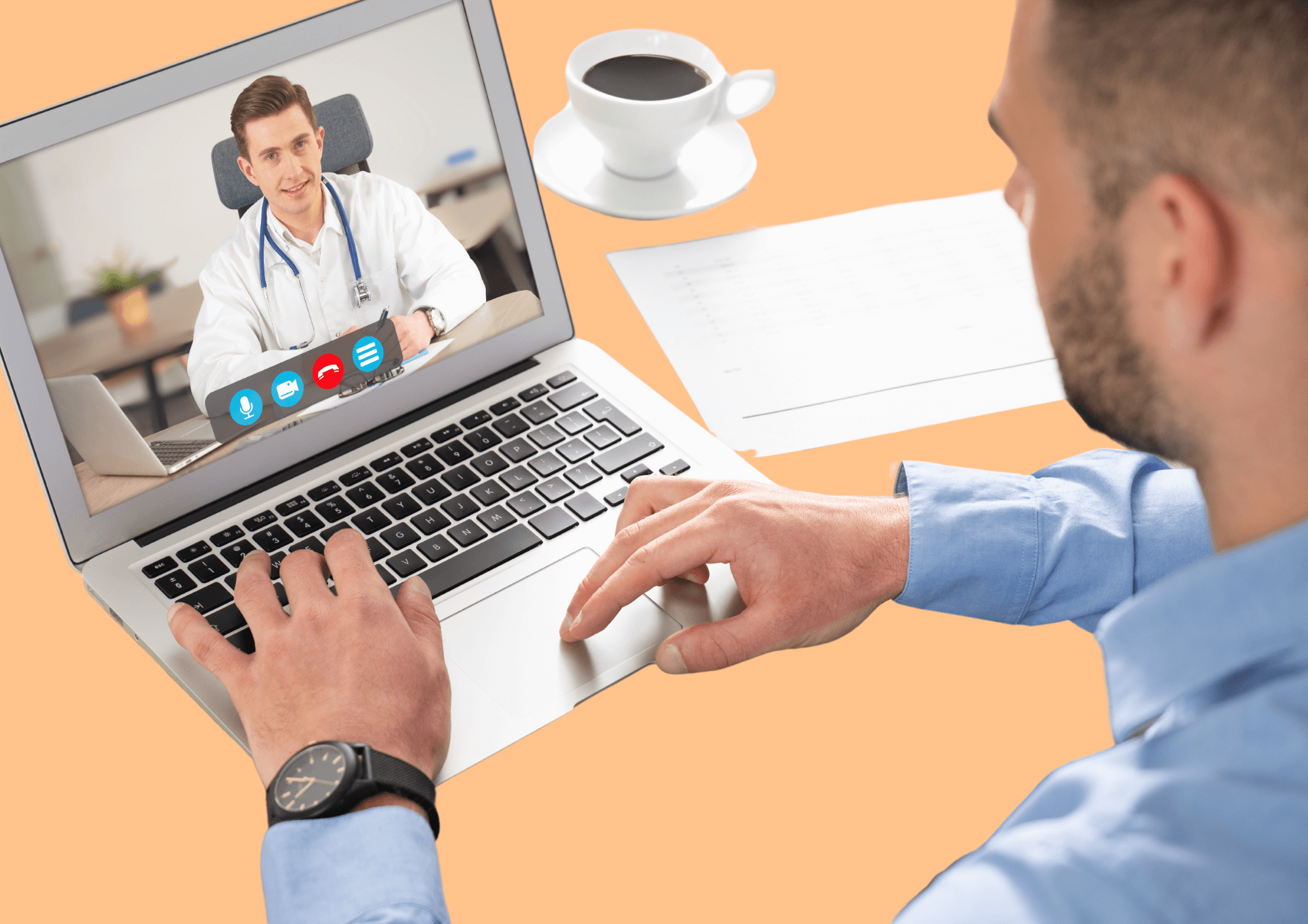 Mann hat ein Online Meeting mit seinem Arzt.