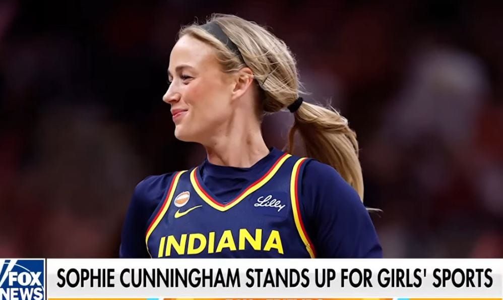 Sophie Cunningham in an Indiana uniform with a Fox News chyron which reads "Sophie Cunningham Stands Up For Girls' Sports"
