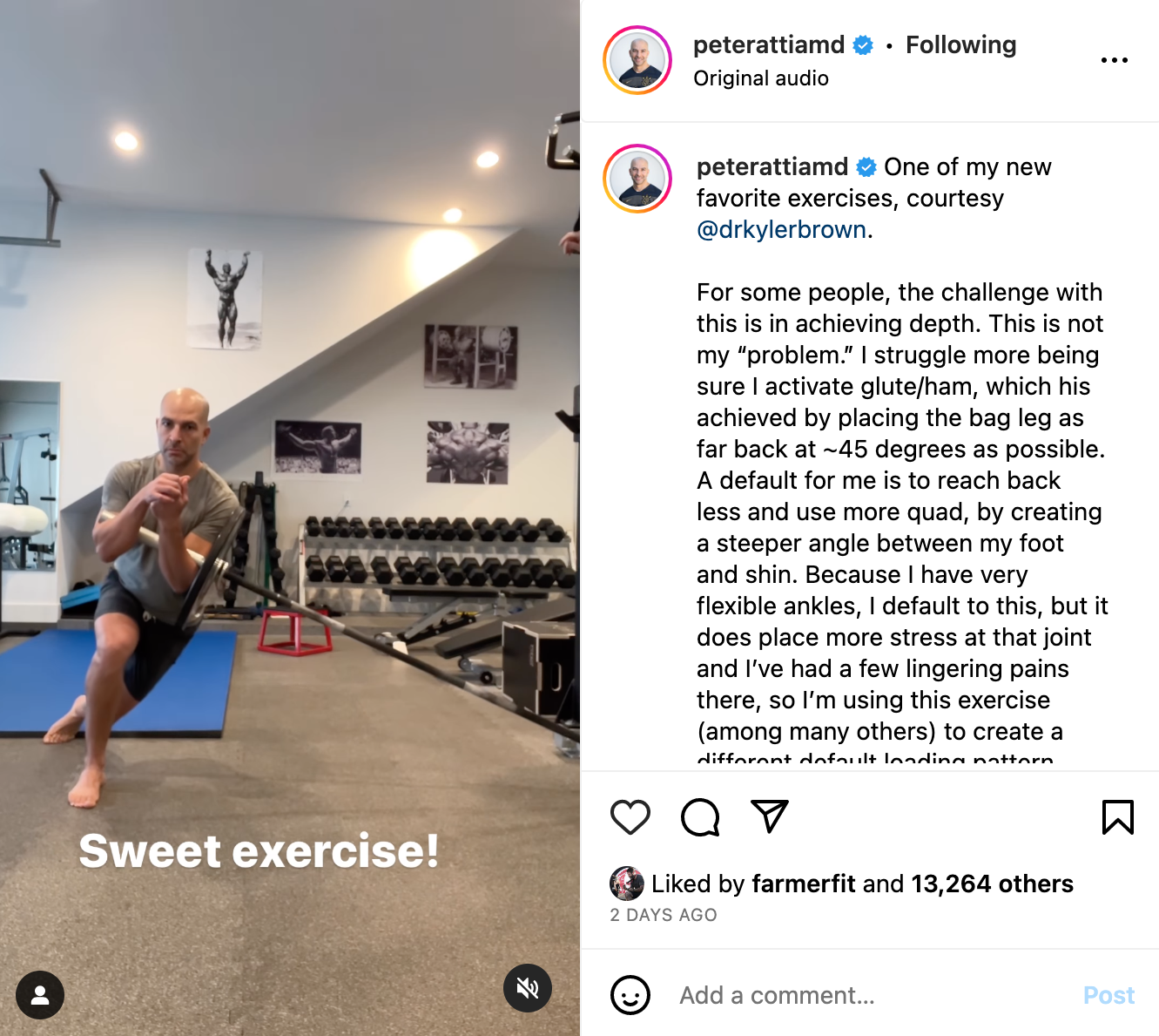 Peter Attia doing a deficit Zercher landmine curtsy squat
