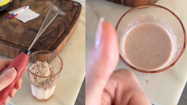 mixing a protein shake with a milk foamer