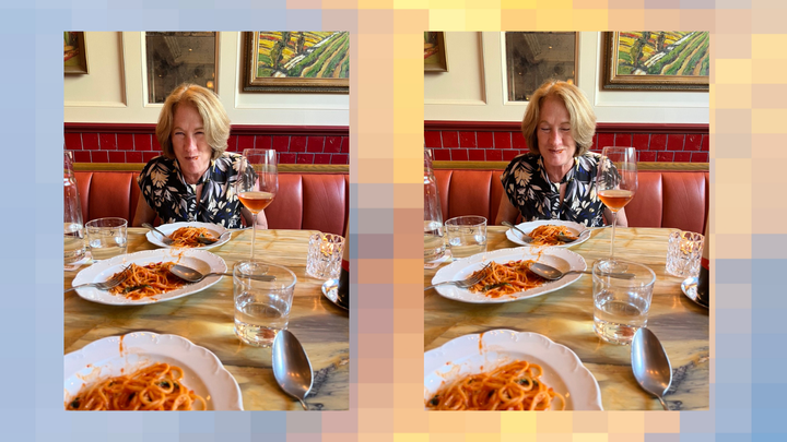 my mom eating spaghetti