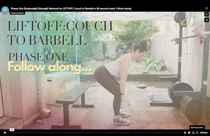 Screenshot of the follow-along Phase One workout video for LIFTOFF: Couch to Barbell
