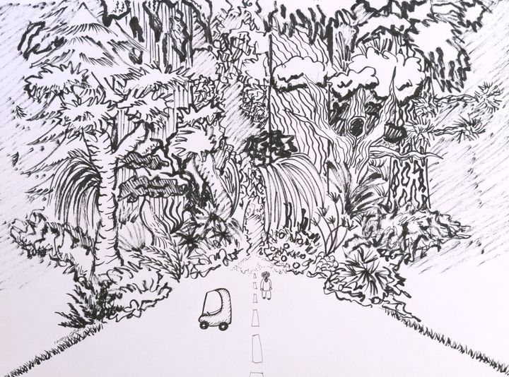 a kid standing at the foot of a really big dead-end forest