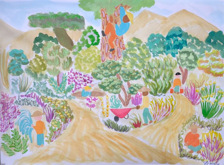 a beautiful painting of people gardening for possibly native plants