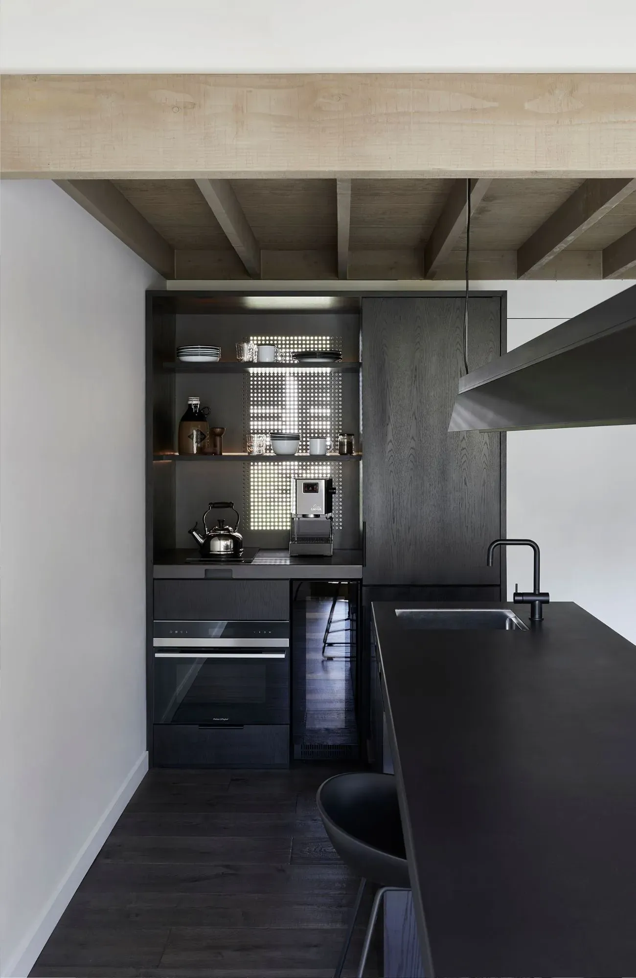 Cedar Cabin by Nicholas Gurney & Monique Easton. Interior kitchen view.