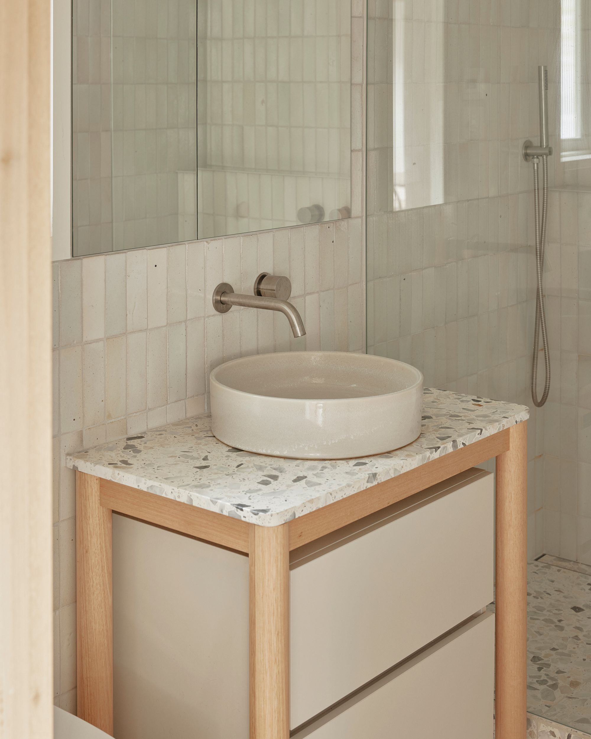 Portsea Surf Shack by Blair Smith Architecture. Bathroom details, featuring terrazzo finish with costal raw aesthetic 