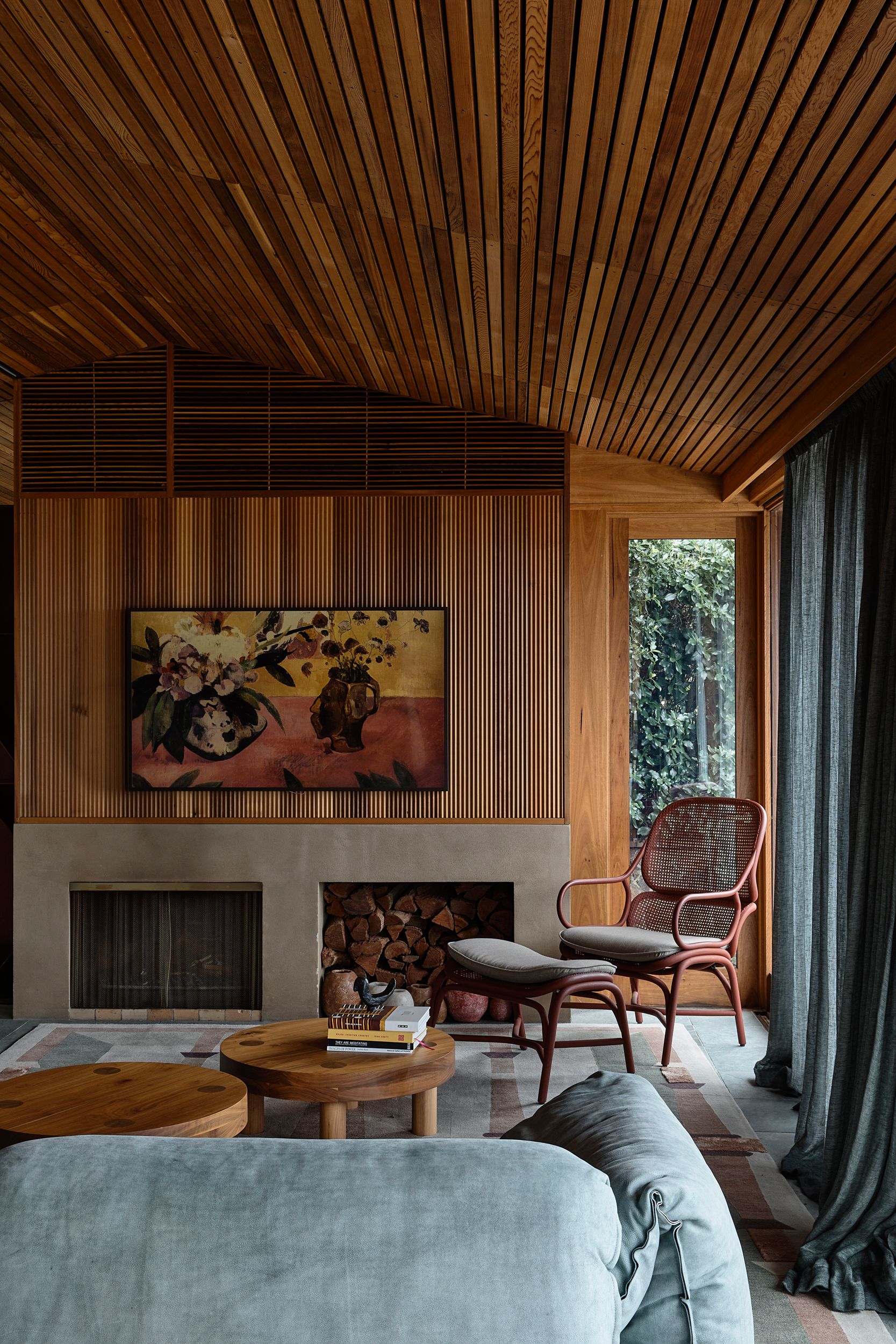 Always by Kennedy Nolan showing interior view of home with large fireplace and styled furniture